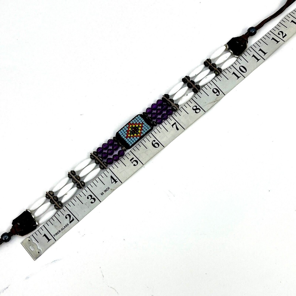 Handmade Beaded & Soft Leather Choker Necklace Purple White Diamond Design - Picture 5 of 12